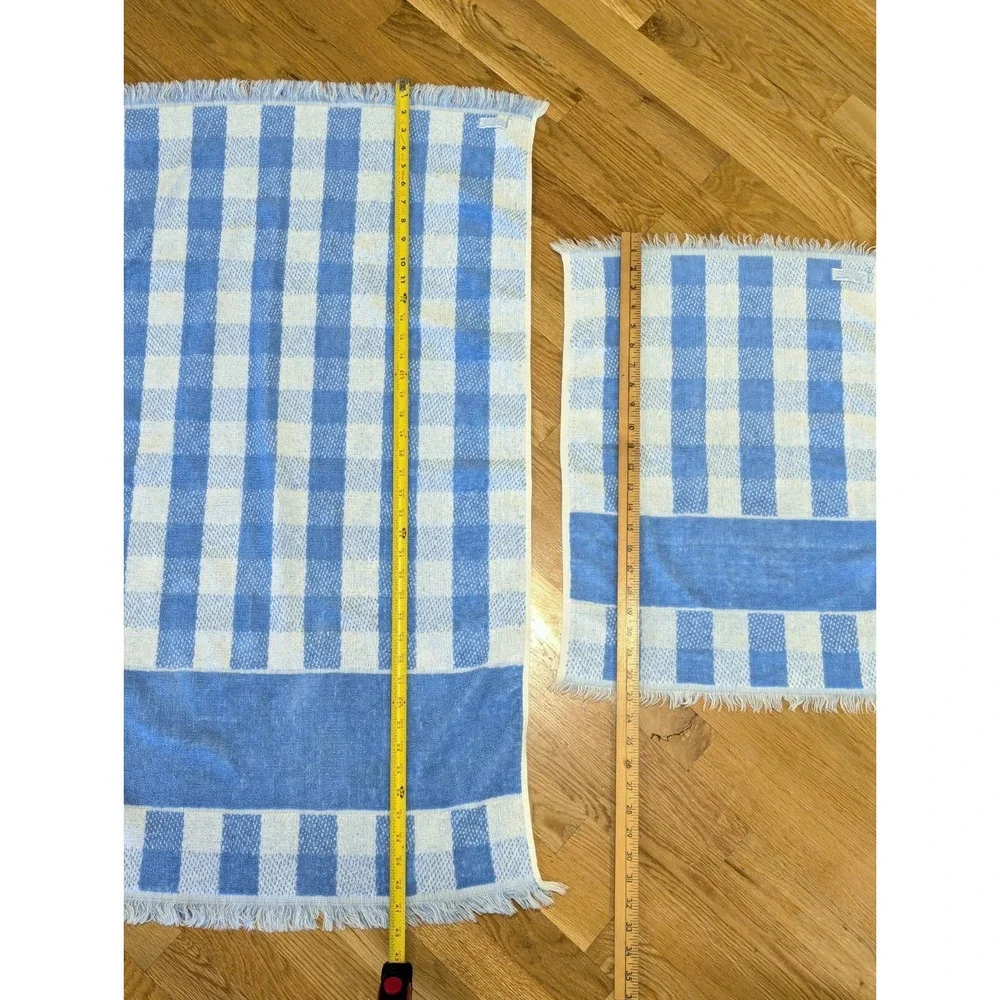 Vtg 70s Lady Pepperell Blue Check Plaid Floral Bath Hand Towel Set Cottagecore